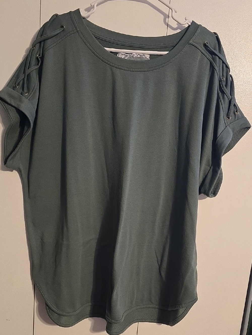 Cupio Olive Lace-Up Shoulder Short Sleeve Top